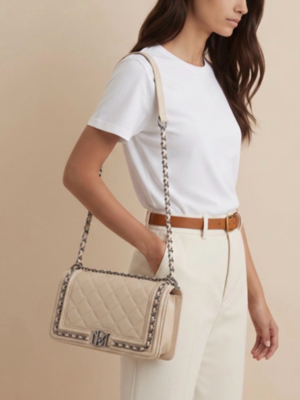 NWT Badgley Mischka Diamond Quilted Chain Frame Crossbody Purse Nude